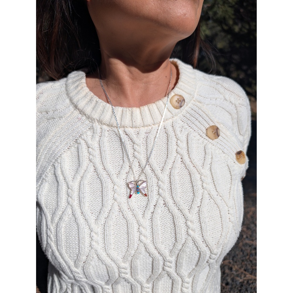 Zuni Sterling Silver Butterfly Inlay Necklace Turquoise Lapis Coral Stones ** - Picture 4 of 10